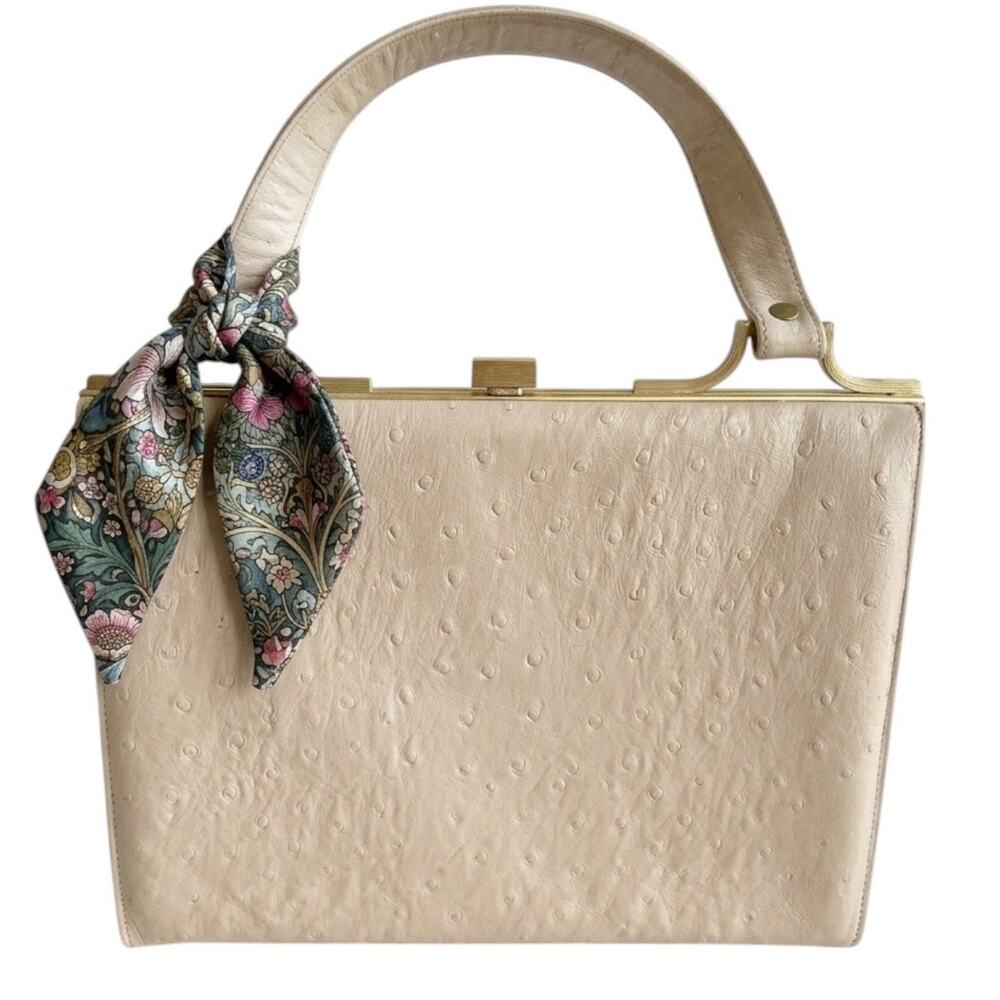 Vintage Mid-Century Cream Andrew Geller Ostrich Leather Top Handle Frame Bag